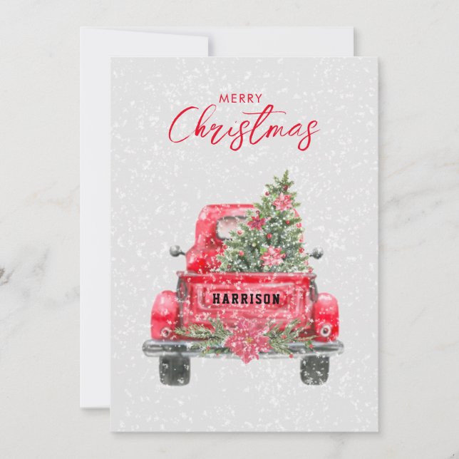 Merry Christmas Rustic Red Truck Flat Holiday Card (Front)