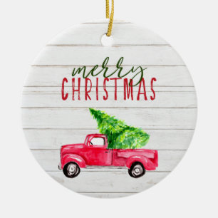 Merry Christmas Rustic Red Vintage Truck Tree Ceramic Ornament