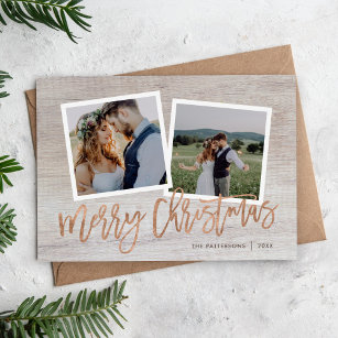 Merry Christmas Rustic Rose Gold Script Photo Holiday Card