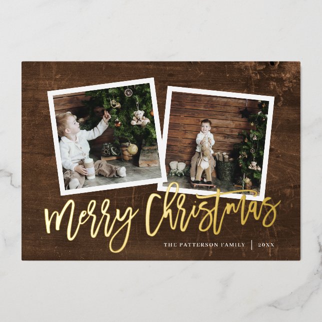 Merry Christmas Rustic Script 2 Photo Gold Foil Holiday Card (Front)