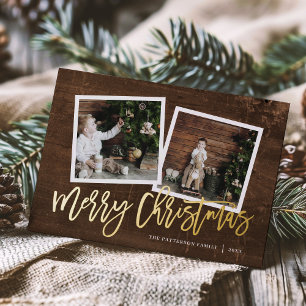 Merry Christmas Rustic Script 2 Photo Gold Foil Holiday Card
