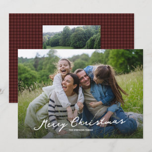 Merry Christmas rustic script red plaid photo Holiday Card