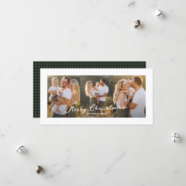 Merry Christmas rustic script three photo Holiday Card (Front/Back In Situ)