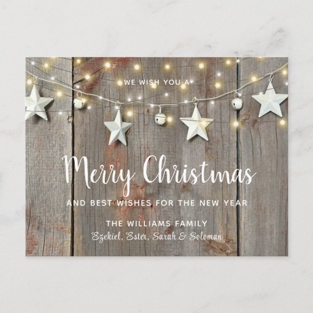 Merry Christmas Rustic Stars and Lights on Wood  Postcard (Front)