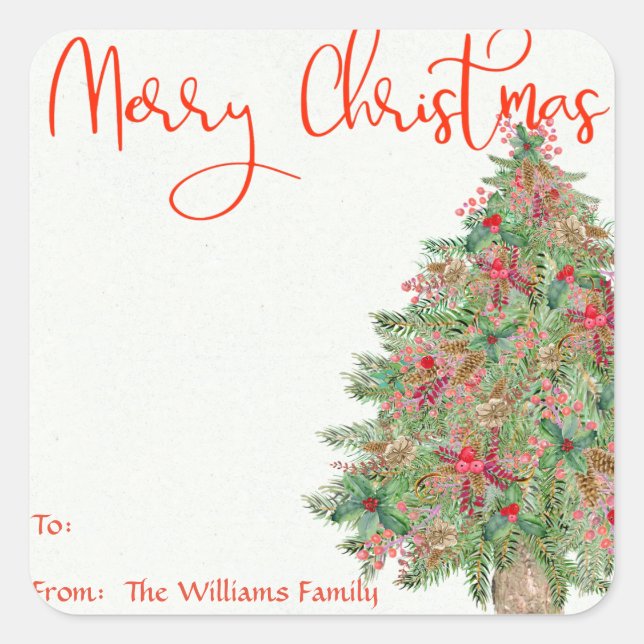 Merry Christmas Rustic Tree Gift Tag Sticker Label (Front)