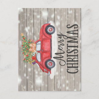 Merry Christmas Rustic Vintage Car Presents Tree Postcard