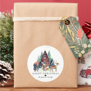 Merry Christmas   Rustic Winter Cabin Forest Classic Round Sticker
