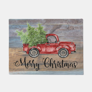 Merry Christmas Rustic Wood And Cute Red Truck Doormat
