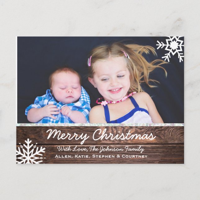 Merry Christmas Rustic Wood and Snowflakes Custom Postcard (Front)