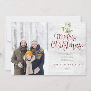 Merry Christmas Rustic Wood Mistletoe 2 Photo Holiday Card