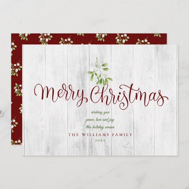 Merry Christmas Rustic Wood Mistletoe Holiday Card (Front/Back)