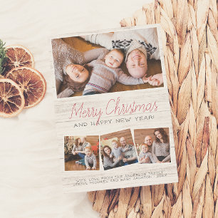 Merry Christmas Rustic Wood Modern 4 Photo Holiday Card