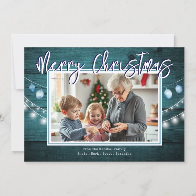 Merry Christmas Rustic Wood Photos Holiday Card (Front)