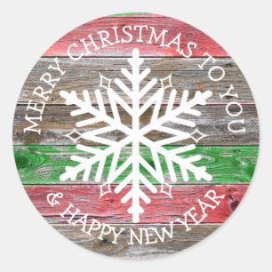 Merry Christmas Rustic Wood White Snowflake Classic Round Sticker
