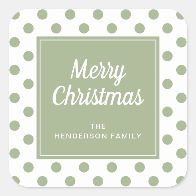 Merry Christmas Sage Green Polka Dots Square Sticker (Front)