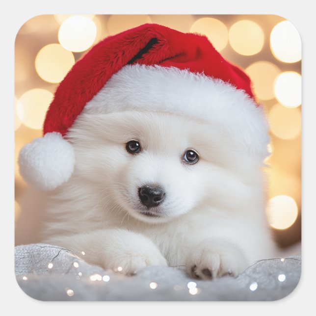 Merry Christmas Samoyed Puppy Dog with Santa Hat Square Sticker (Front)