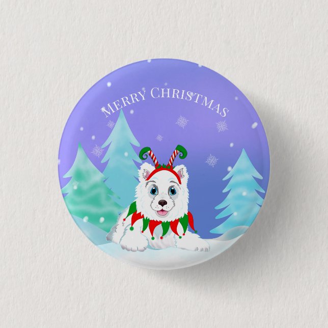 Merry Christmas Samoyed With Elf Headband  1 Inch Round Button (Front)