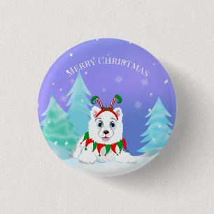 Merry Christmas Samoyed With Elf Headband  1 Inch Round Button