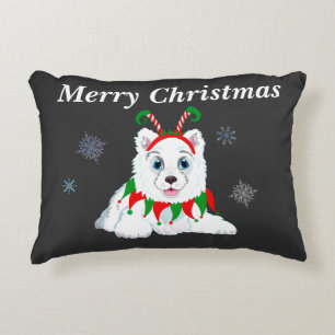 Merry Christmas Samoyed With Elf Headband  Accent Pillow