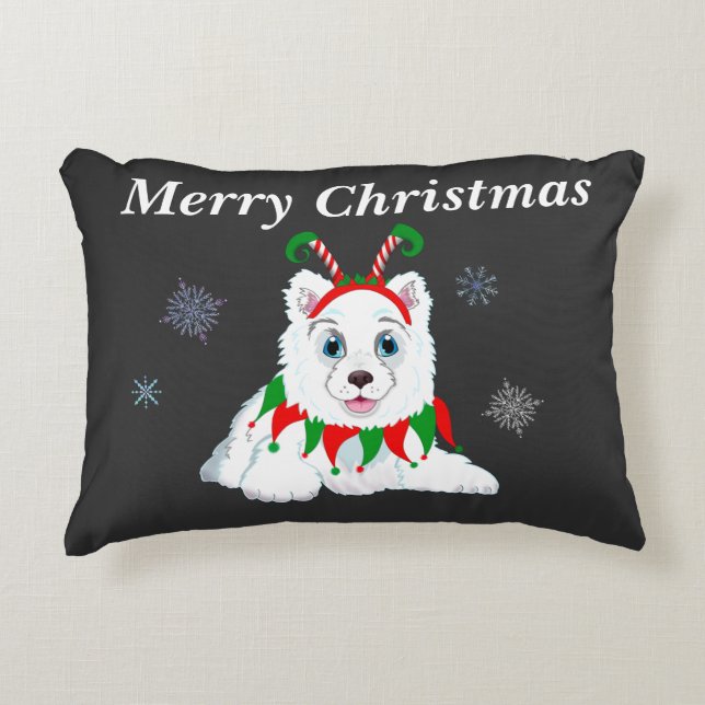 Merry Christmas Samoyed With Elf Headband  Accent Pillow (Front)