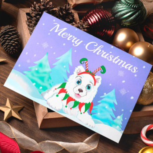 Merry Christmas Samoyed With Elf Headband   Card