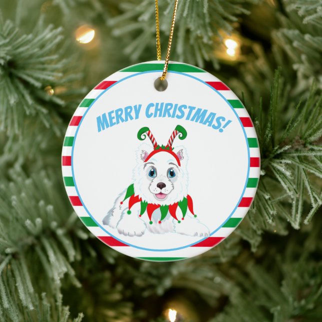 Merry Christmas Samoyed with Elf Headband Ceramic Ornament (Tree)