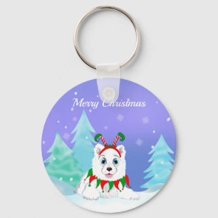 Merry Christmas Samoyed With Elf Headband  Keychain