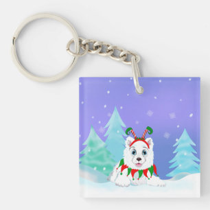 Merry Christmas Samoyed With Elf Headband Keychain