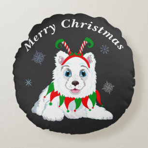 Merry Christmas Samoyed With Elf Headband Round Pillow