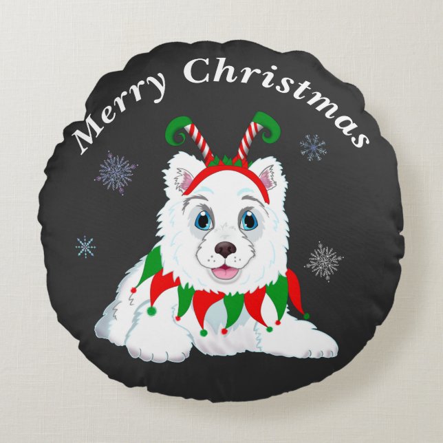 Merry Christmas Samoyed With Elf Headband Round Pillow (Front)