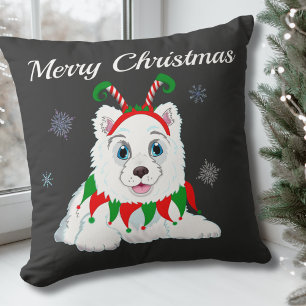 Merry Christmas Samoyed With Elf Headband Throw Pillow