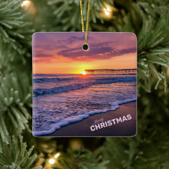 Merry Christmas San Diego Beach Pier Sunset Ceramic Ornament (Tree)