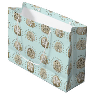 Merry Christmas Sand Dollar Turquoise Pattern   Large Gift Bag
