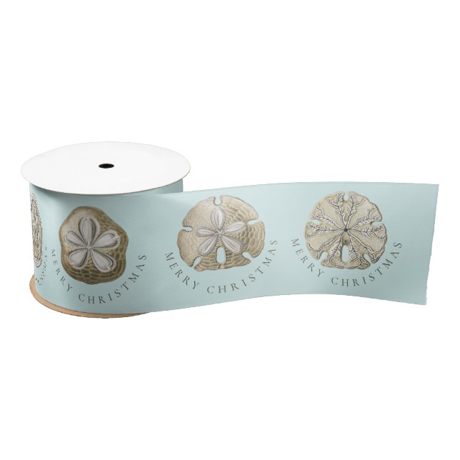 Merry Christmas Sand Dollar Turquoise Pattern  Satin Ribbon (Spool)