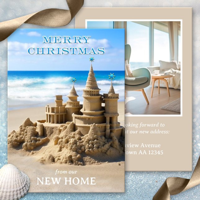 Merry Christmas Sandcastle Beach New Home Photo Holiday Card (Merry Christmas sandcastle new home beach holidays photo card)