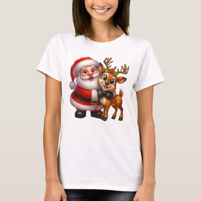 Merry Christmas Santa and Deer T-shirt (Front)