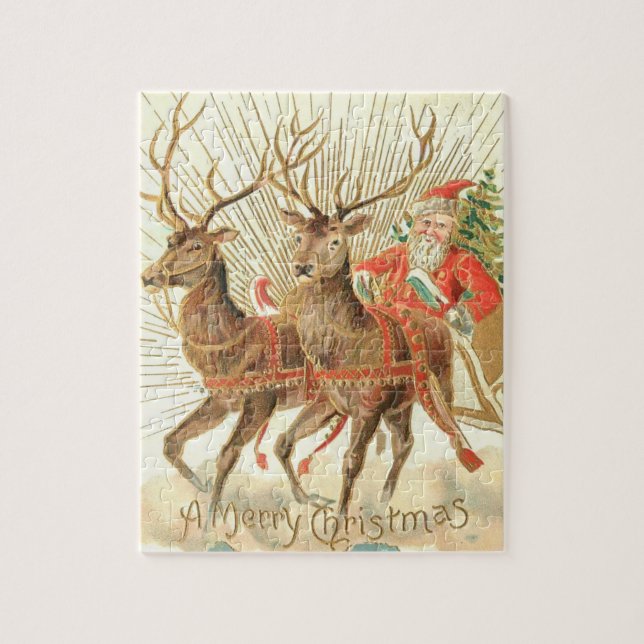 Merry Christmas (Santa and his Reindeer) Jigsaw Puzzle (Vertical)