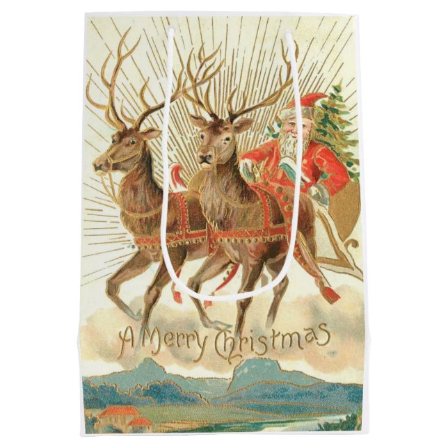 Merry Christmas (Santa and his Reindeer) Medium Gift Bag (Back)