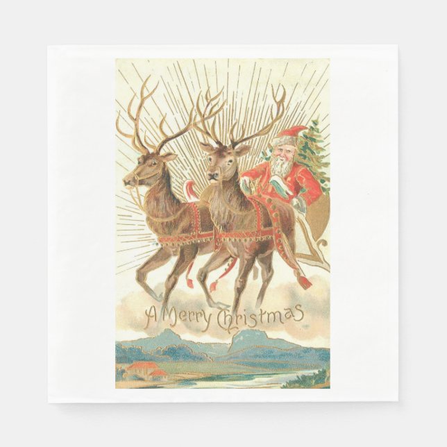 Merry Christmas (Santa and his Reindeer) Napkin (Front)