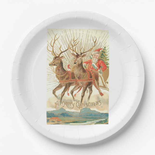 Merry Christmas (Santa and his Reindeer) Paper Plate (Front)