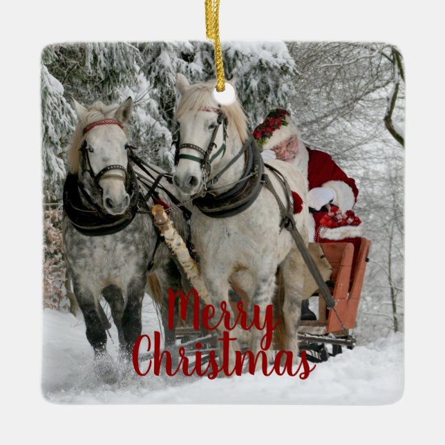 Merry Christmas Santa and Horses Ceramic Ornament (Front)