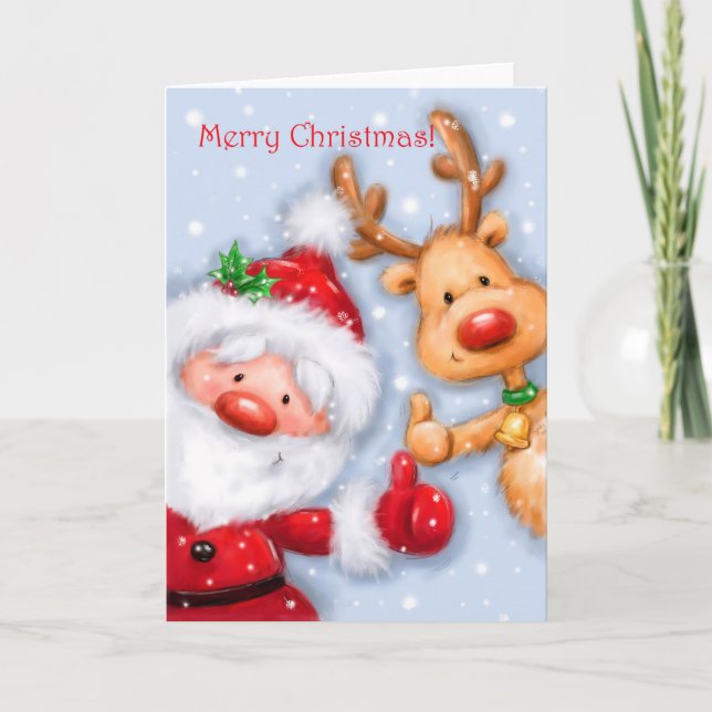 Merry Christmas, Santa and reindeer with thumb up Card (Front)