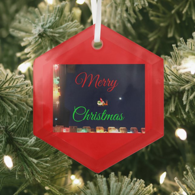 Merry Christmas Santa and Rudolph Glass Ornament (Insitu)