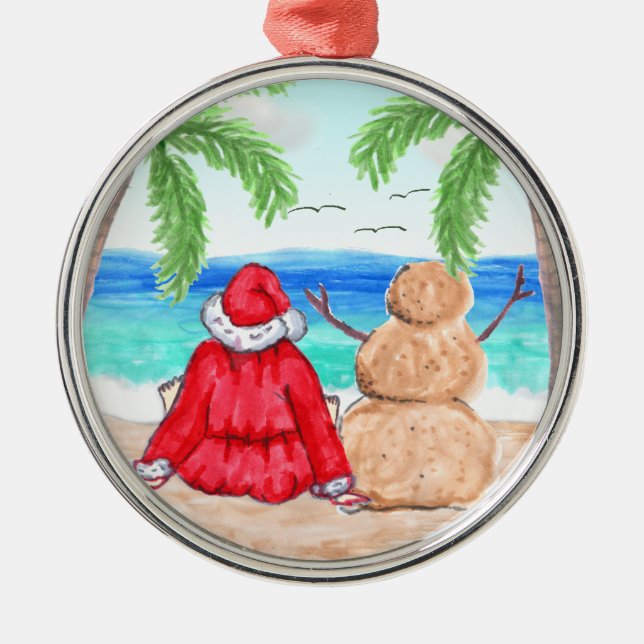 Merry Christmas Santa and Snowman on Beach Metal Ornament (Front)