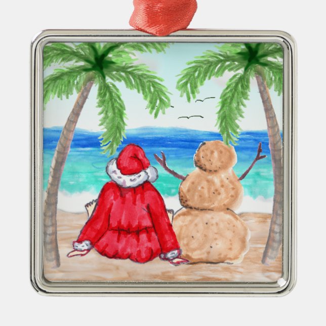 Merry Christmas Santa and Snowman on Beach Metal Ornament (Front)
