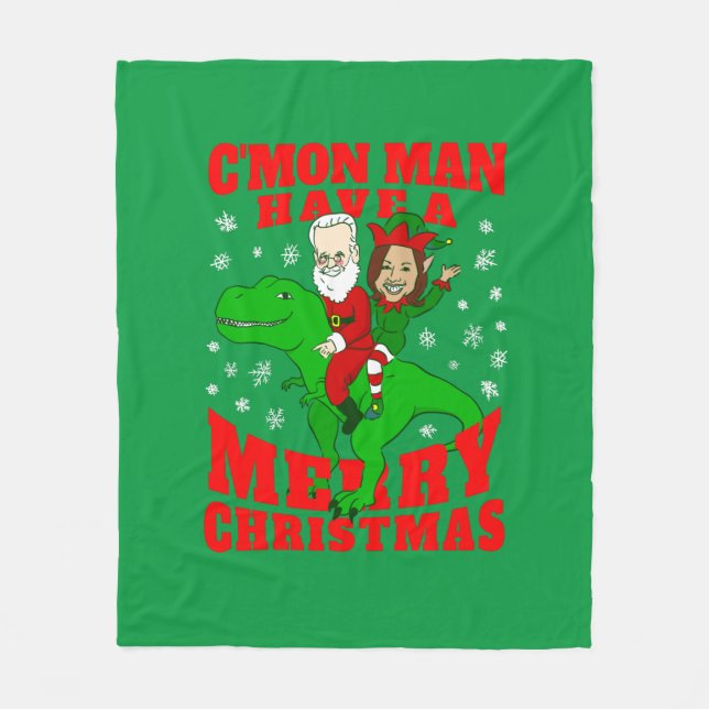 merry christmas santa biden kamala harris dinosaur fleece blanket (Front)