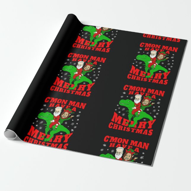 merry christmas santa biden kamala harris dinosaur wrapping paper (Unrolled)