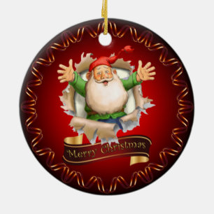 Merry Christmas ~ Santa Breaking Through ~ Cerami Ceramic Ornament