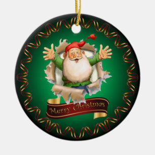 Merry Christmas ~ Santa Breaking Through ~ Ceramic Ornament