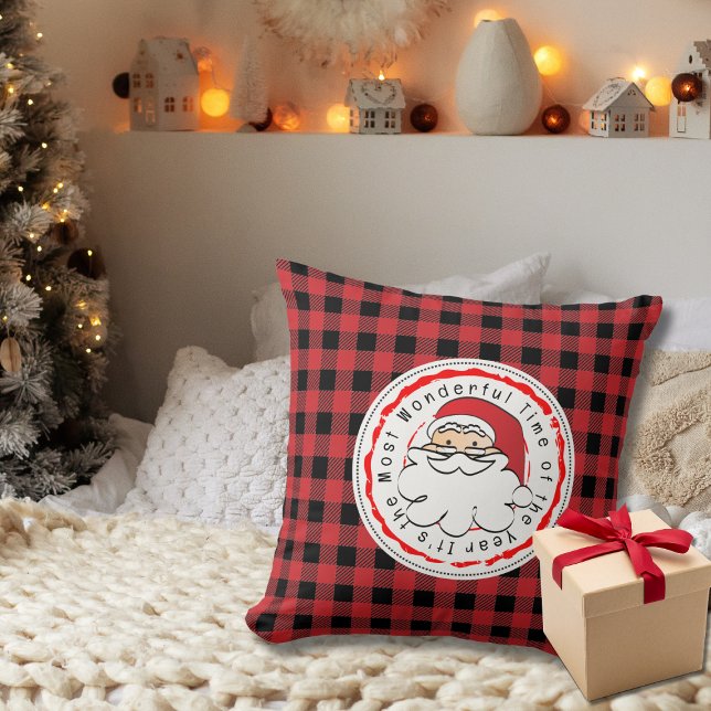 Merry Christmas Santa Cartoon Red Buffalo Plaid Throw Pillow (Creator Uploaded)